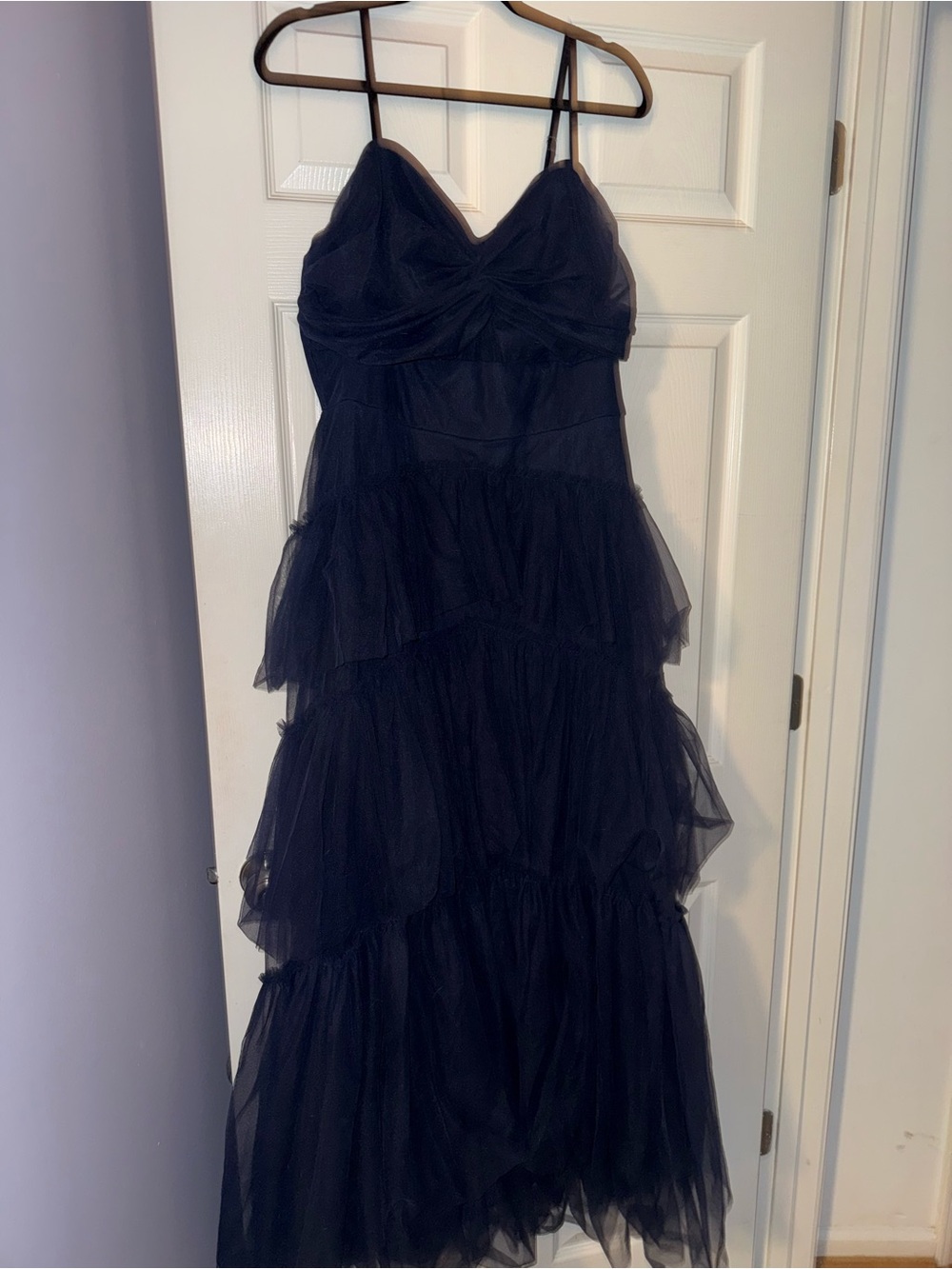 Dillard’s Navy Tulle Prom Dress with Spaghetti Straps